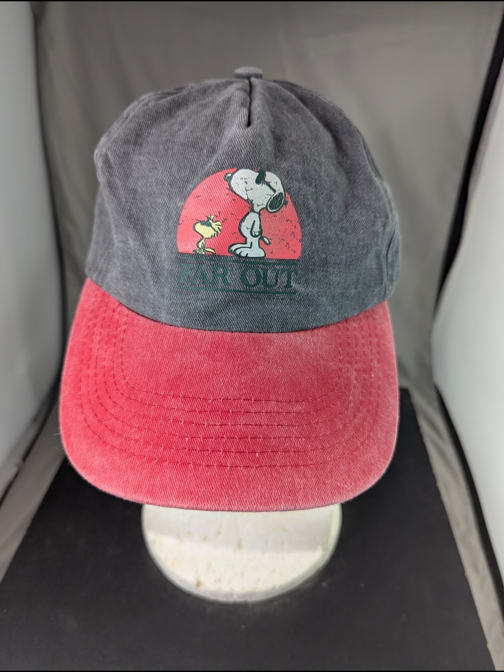 Snoopy Hat Woodstock "Far Out" Gray Red Distressed Look Peanuts Unisex